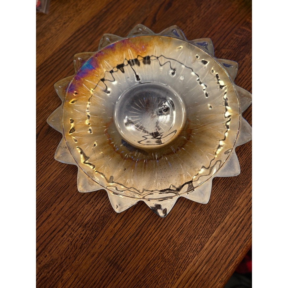 Glass‎ Sunflower Candy Dish Trinket Bowl Iridescent Amber Starburst Petal